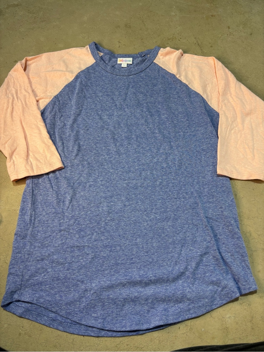 LuLaRoe Blue Heather Baseball Tee with Peach Raglan Sleeves